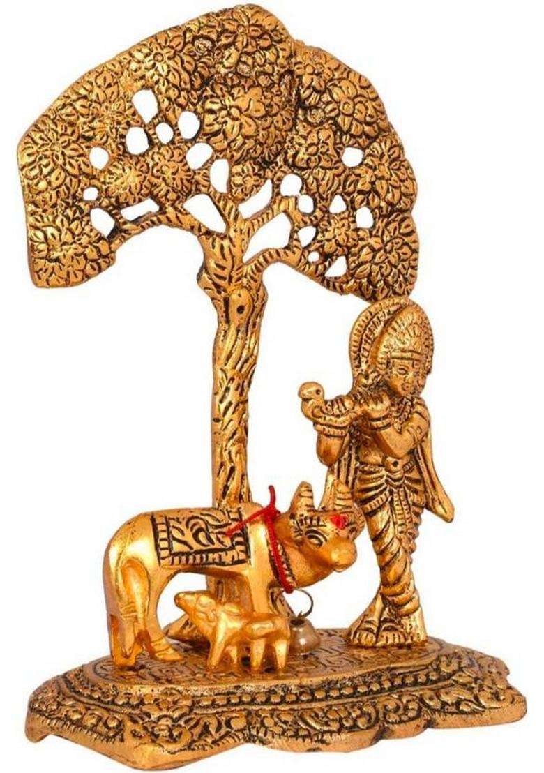 Nikki Store Lord Krishna With A Cow And Calf Under A Tree Brass Decorative Showpiece Statue. Decorative Showpiece - 16 Cm(Brass Gold) - Indya
