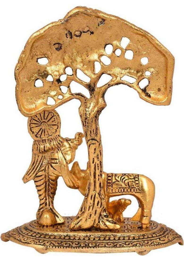 Nikki Store Lord Krishna With A Cow And Calf Under A Tree Brass Decorative Showpiece Statue. Decorative Showpiece - 16 Cm(Brass Gold) - Indya
