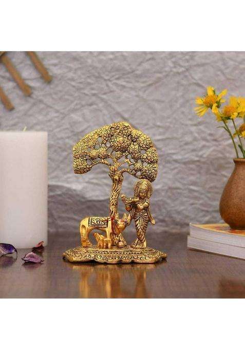 Nikki Store Lord Krishna With A Cow And Calf Under A Tree Brass Decorative Showpiece Statue. Decorative Showpiece - 16 Cm(Brass Gold)