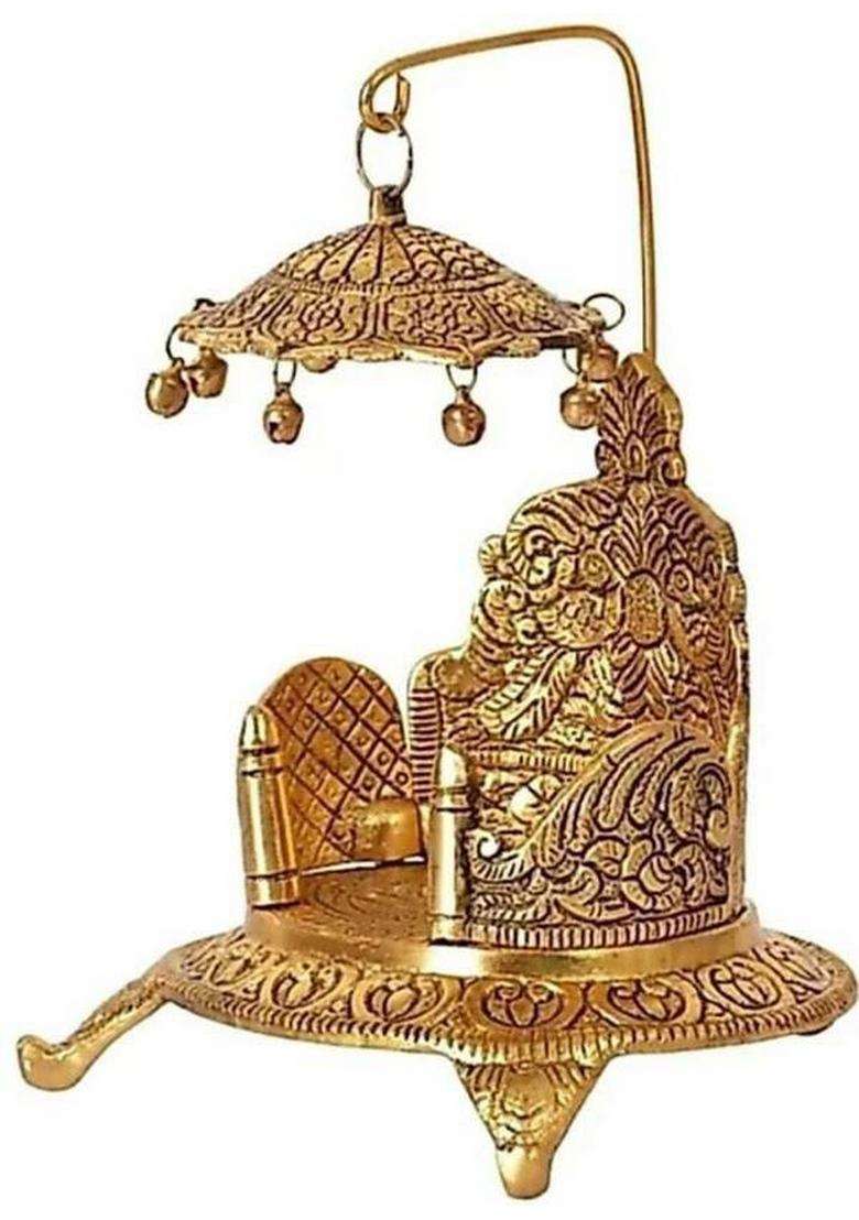 Huzur Ji Antique Gold Plated Laddu Gopal Asana With Chhatra & Bells Decorative Showpiece - 10 Cm(Metal Gold) - Indya
