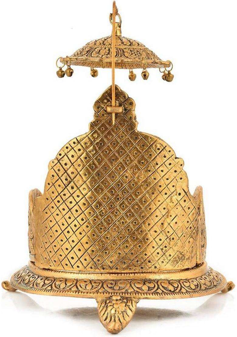 Huzur Ji Antique Gold Plated Laddu Gopal Asana With Chhatra & Bells Decorative Showpiece - 10 Cm(Metal Gold) - Indya