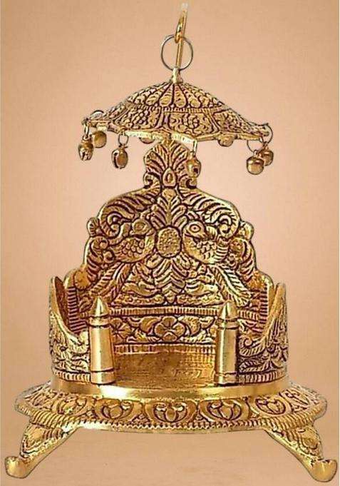 Huzur Ji Antique Gold Plated Laddu Gopal Asana With Chhatra & Bells Decorative Showpiece - 10 Cm(Metal Gold)