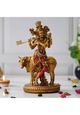 Shyam Antique Creation 10 Krishna Standing With Cow And Playing Flute Statue Idol Murti Decorative Showpiece - 25.4 Cm(Marble Clay Multicolor)