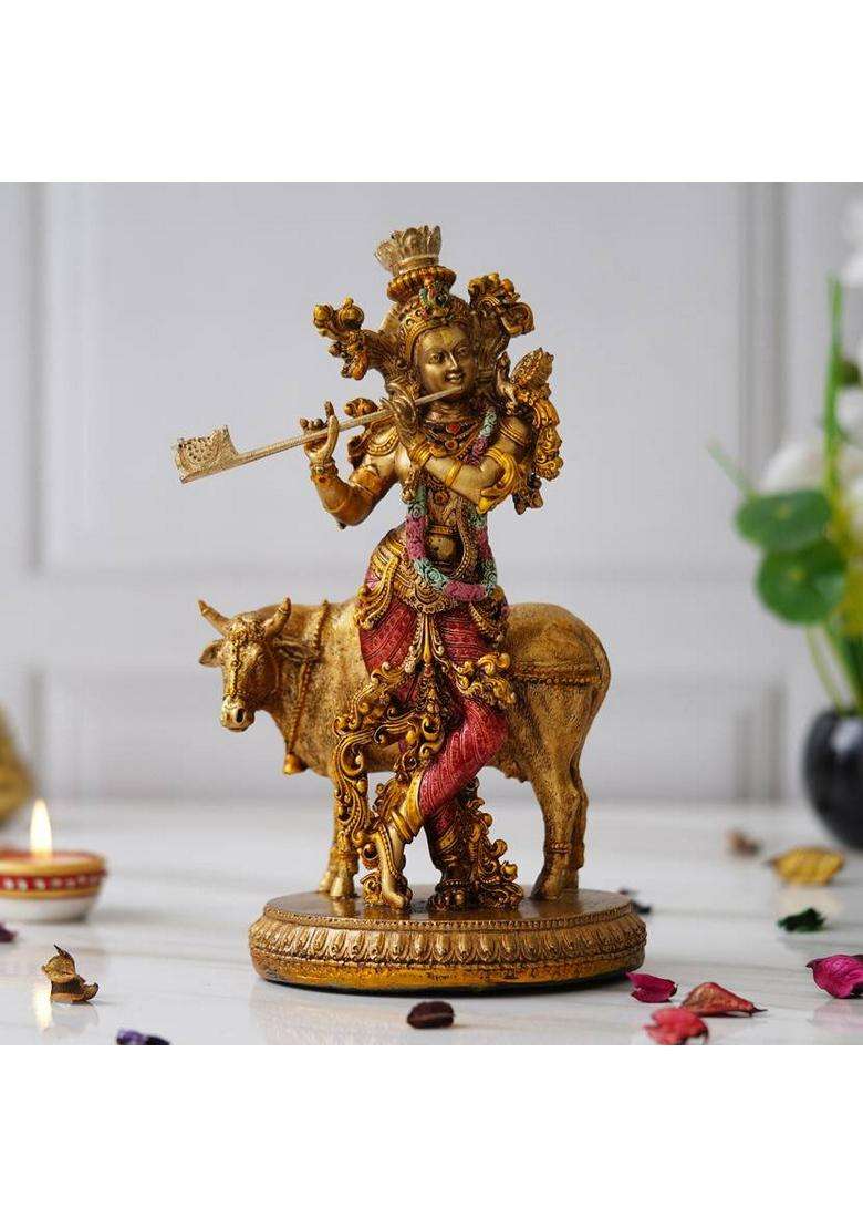Shyam Antique Creation 10 Krishna Standing With Cow And Playing Flute Statue Idol Murti Decorative Showpiece - 25.4 Cm(Marble Clay Multicolor) - Indya
