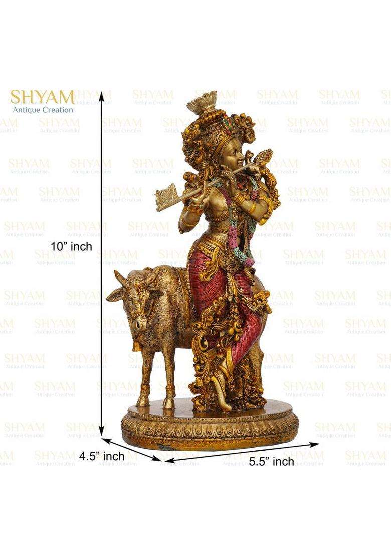 Shyam Antique Creation 10 Krishna Standing With Cow And Playing Flute Statue Idol Murti Decorative Showpiece - 25.4 Cm(Marble Clay Multicolor) - Indya