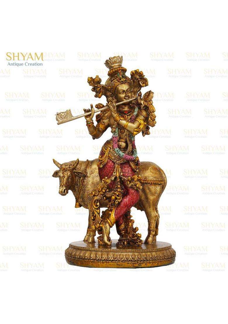 Shyam Antique Creation 10 Krishna Standing With Cow And Playing Flute Statue Idol Murti Decorative Showpiece - 25.4 Cm(Marble Clay Multicolor) - Indya