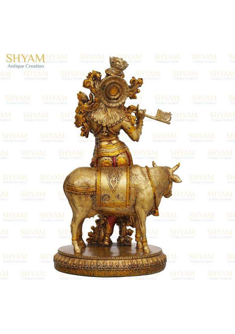 Shyam Antique Creation 10 Krishna Standing With Cow And Playing Flute Statue Idol Murti Decorative Showpiece - 25.4 Cm(Marble Clay Multicolor) - Indya
