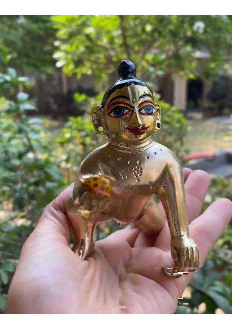 Ghungroo World Astadhatu Brass Laddu Gopal Murti Pure Pital Brass Makhan Krishna Murti Idol Decorative Showpiece - 12 Cm(Brass Gold) - Indya