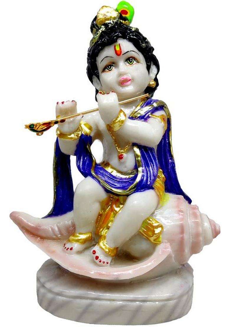 G Looks Krishna Playing Flute Marble Dust Statue/ Baal Krishna Idol For Temple (Blue) Decorative Showpiece - 20 Cm(Resin Multicolor) - Indya