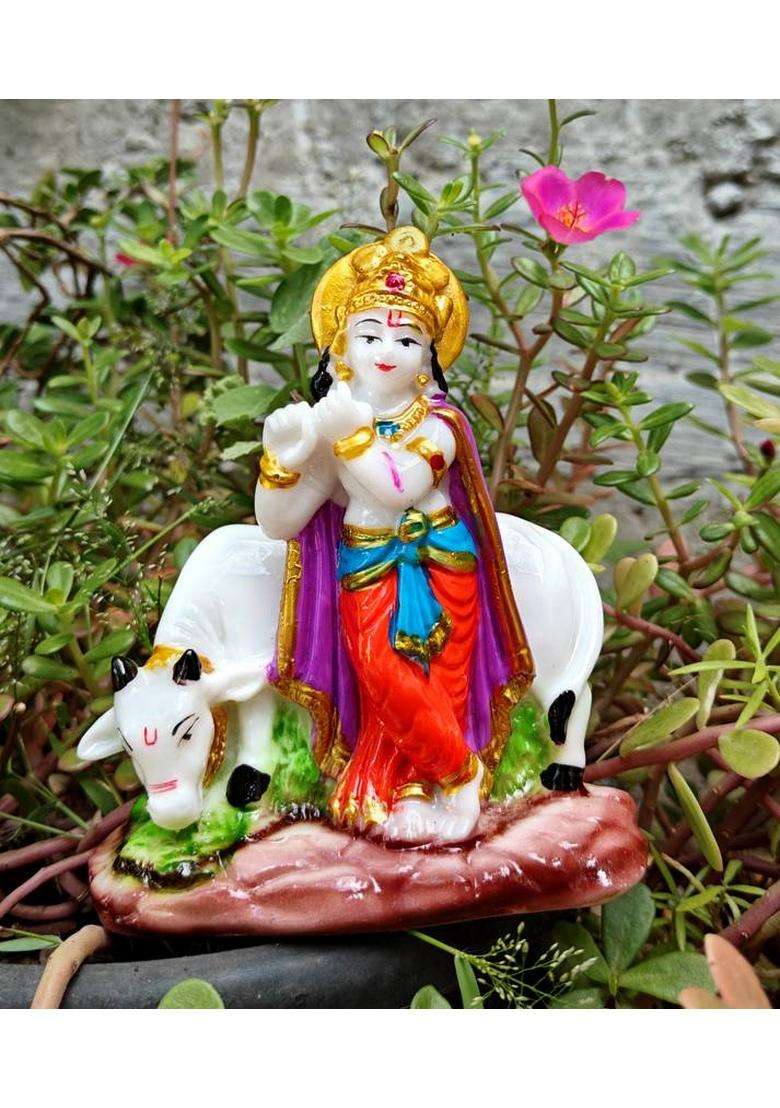 Shinde Exports Krishna With Cow Idol Statue Murti Decorative Showpiece - 11.5 Cm(Marble Multicolor) - Indya