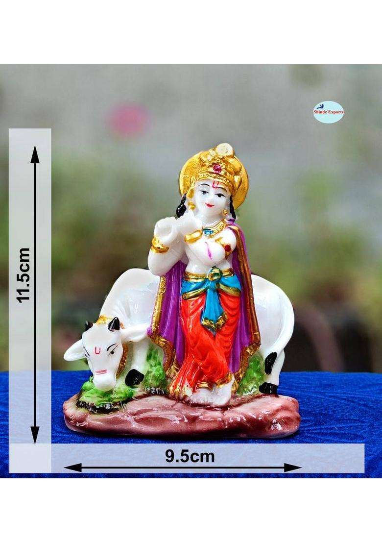 Shinde Exports Krishna With Cow Idol Statue Murti Decorative Showpiece - 11.5 Cm(Marble Multicolor) - Indya