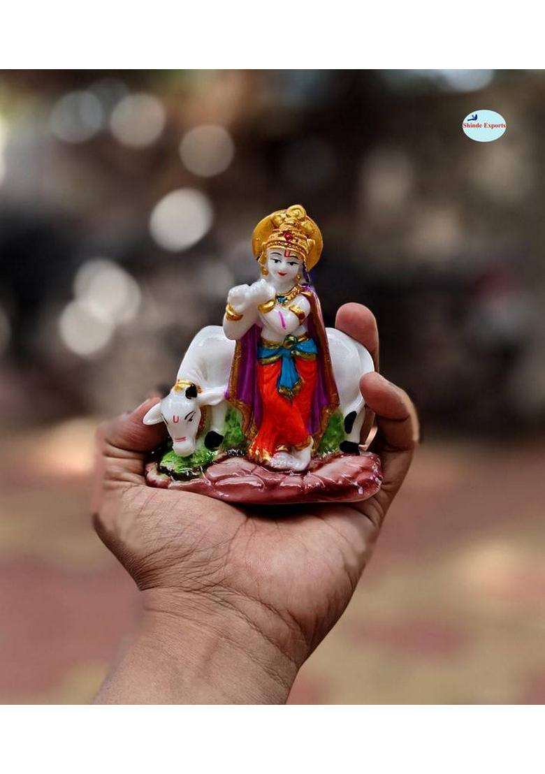 Shinde Exports Krishna With Cow Idol Statue Murti Decorative Showpiece - 11.5 Cm(Marble Multicolor) - Indya
