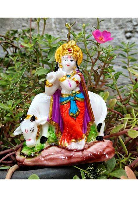 Shinde Exports Krishna With Cow Idol Statue Murti Decorative Showpiece - 11.5 Cm(Marble Multicolor)
