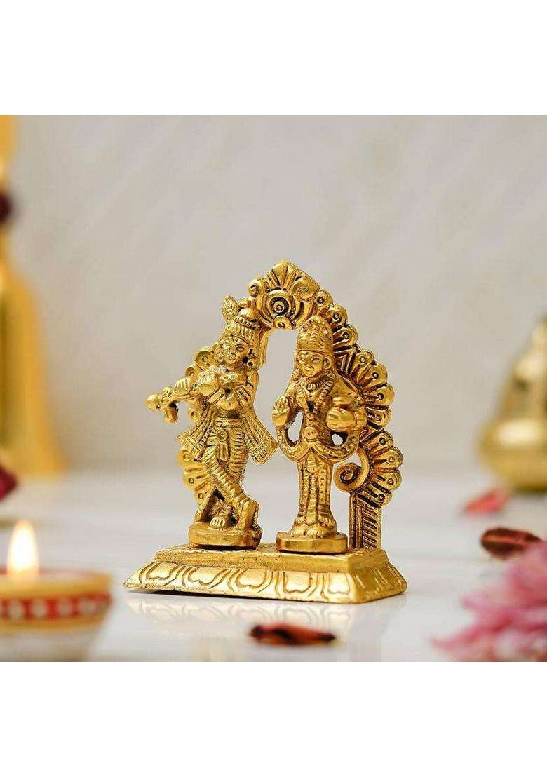 Zencrafts Premium Radha Krishna Playing Flute Love Couple Statue For Home/Office Decor Decorative Showpiece - 10 Cm(Metal Gold) - Indya