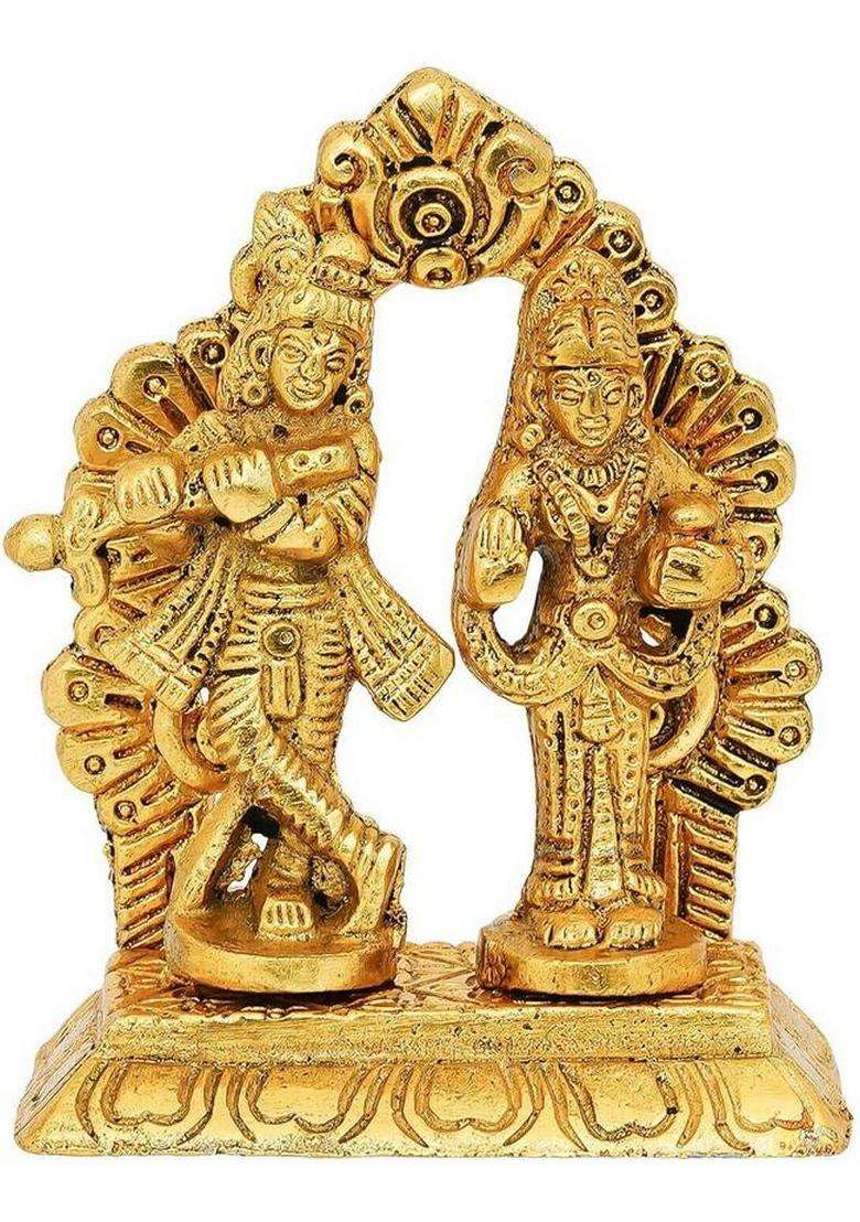 Zencrafts Premium Radha Krishna Playing Flute Love Couple Statue For Home/Office Decor Decorative Showpiece - 10 Cm(Metal Gold) - Indya