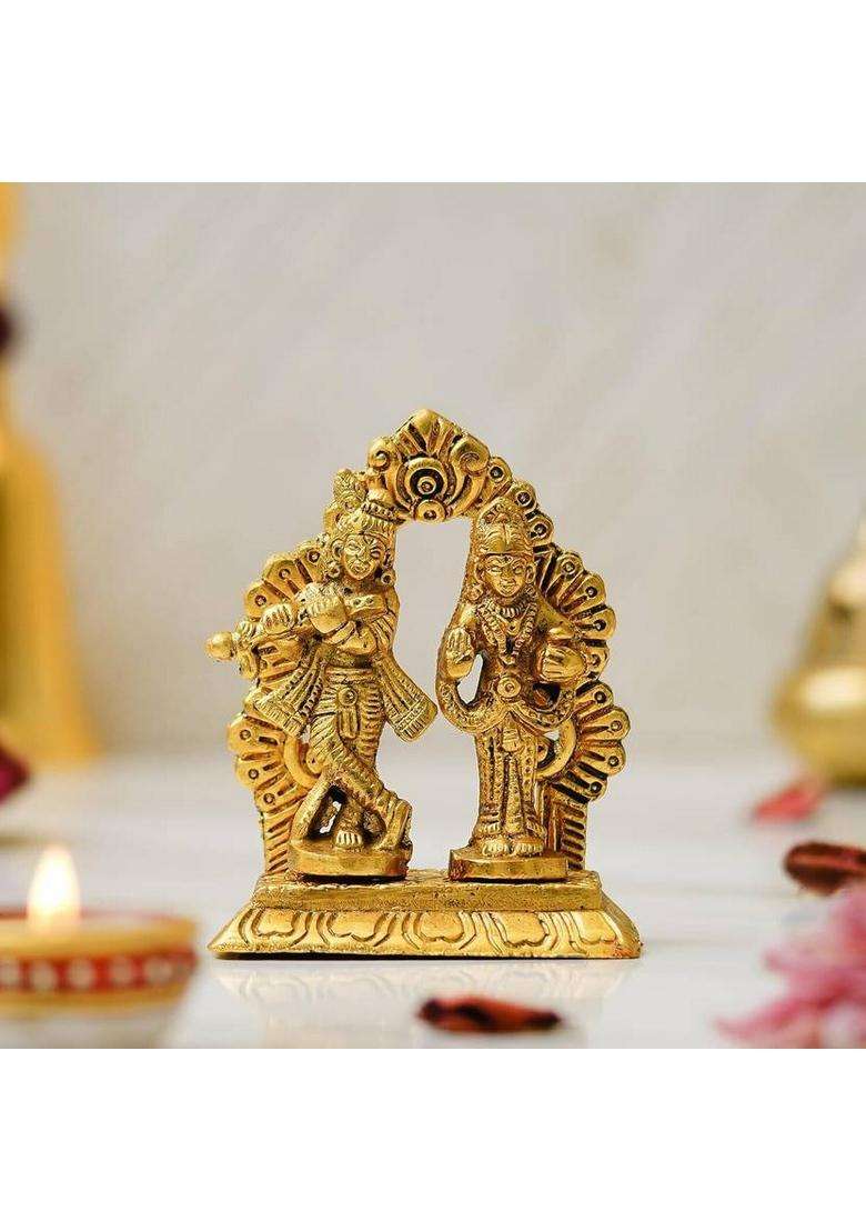 Zencrafts Premium Radha Krishna Playing Flute Love Couple Statue For Home/Office Decor Decorative Showpiece - 10 Cm(Metal Gold) - Indya