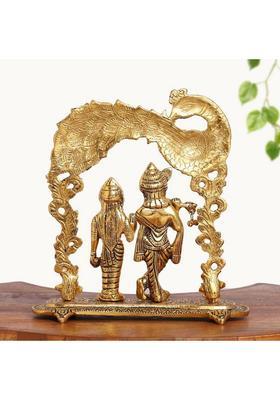 Starlight Gold-Plated Radha Krishna Idol With Peacock Frame Aluminium Showpiece Decorative Showpiece - 20.32 Cm(Metal Gold)