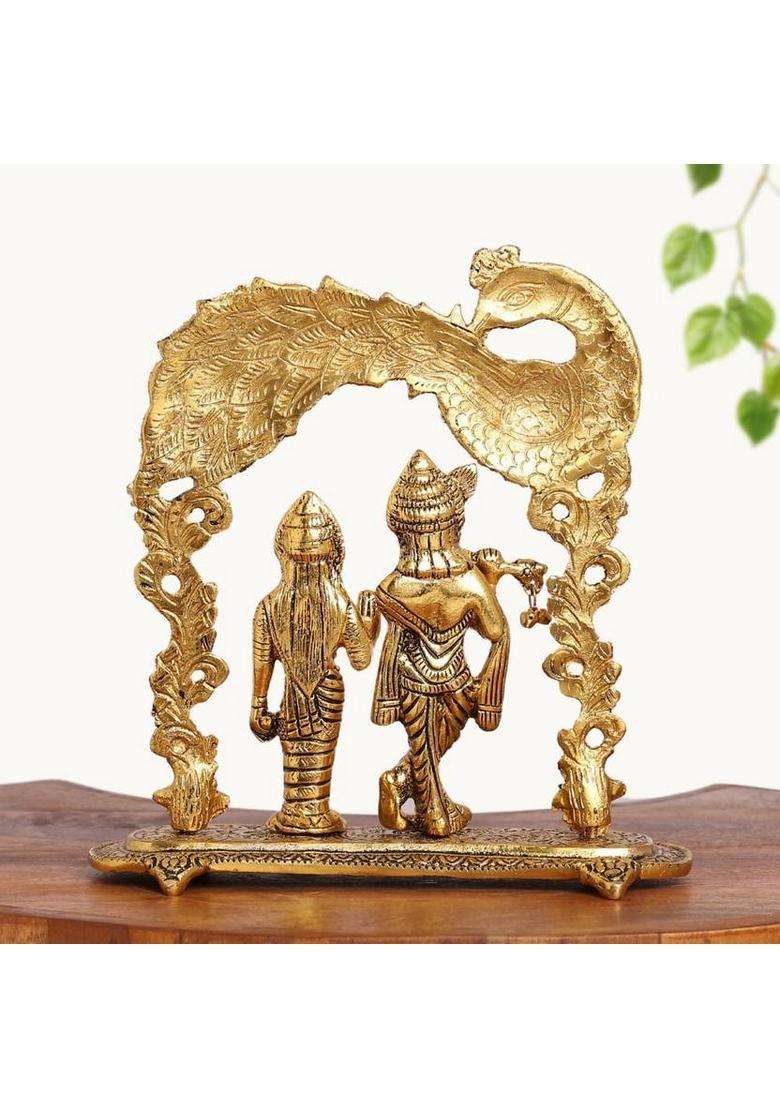 Starlight Gold-Plated Radha Krishna Idol With Peacock Frame Aluminium Showpiece Decorative Showpiece - 20.32 Cm(Metal Gold) - Indya