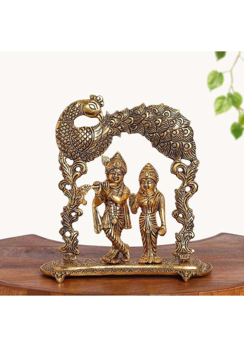 Starlight Gold-Plated Radha Krishna Idol With Peacock Frame Aluminium Showpiece Decorative Showpiece - 20.32 Cm(Metal Gold) - Indya