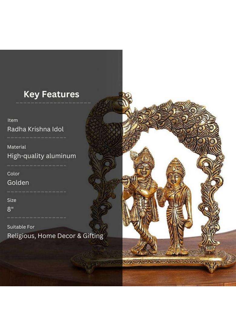 Starlight Gold-Plated Radha Krishna Idol With Peacock Frame Aluminium Showpiece Decorative Showpiece - 20.32 Cm(Metal Gold) - Indya