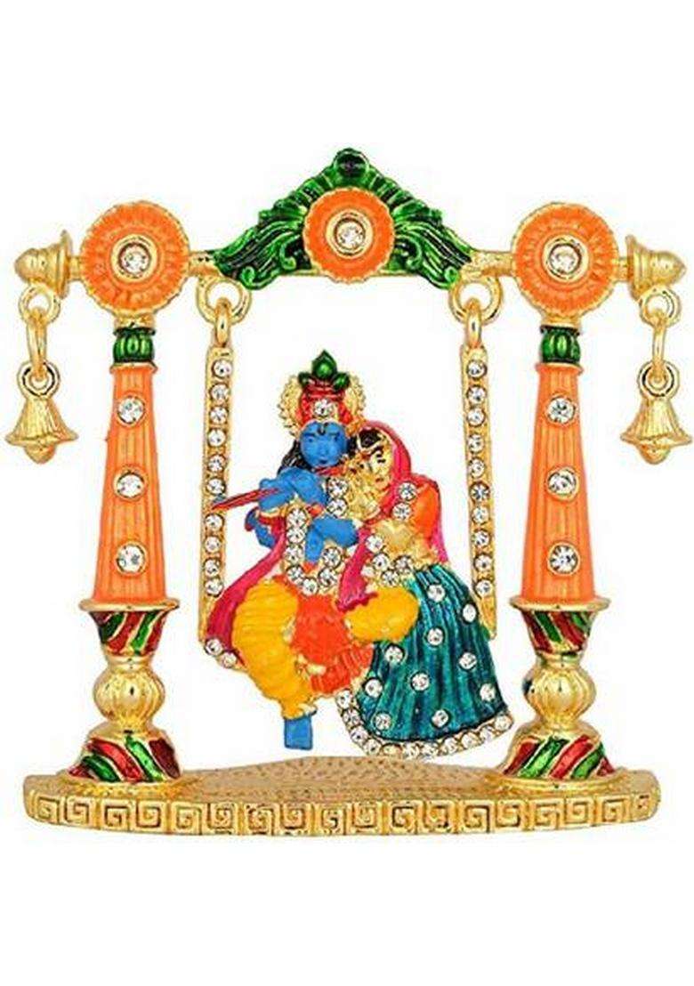 Love Kart Gold Plated With Stone Lord Radha Krishna Car Dashboard Idol God Krishan / Makhan Chor Handicraft Statue Spiritual Puja Vastu Fegurine - Religious Murti Pooja Gift Item / Home Decor Decorative Showpiece - 8 Cms Decorative Showpiece - 6.8 Cm(B - Indya