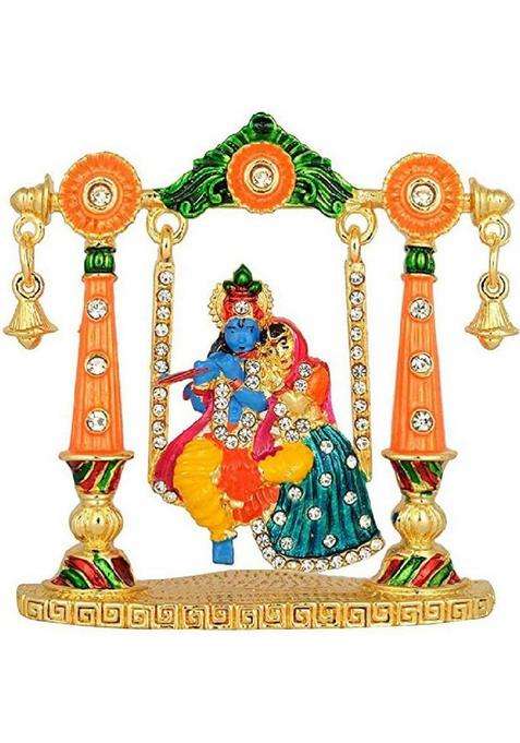 Love Kart Gold Plated With Stone Lord Radha Krishna Car Dashboard Idol God Krishan / Makhan Chor Handicraft Statue Spiritual Puja Vastu Fegurine - Religious Murti Pooja Gift Item / Home Decor Decorative Showpiece - 8 Cms Decorative Showpiece - 6.8 Cm(B
