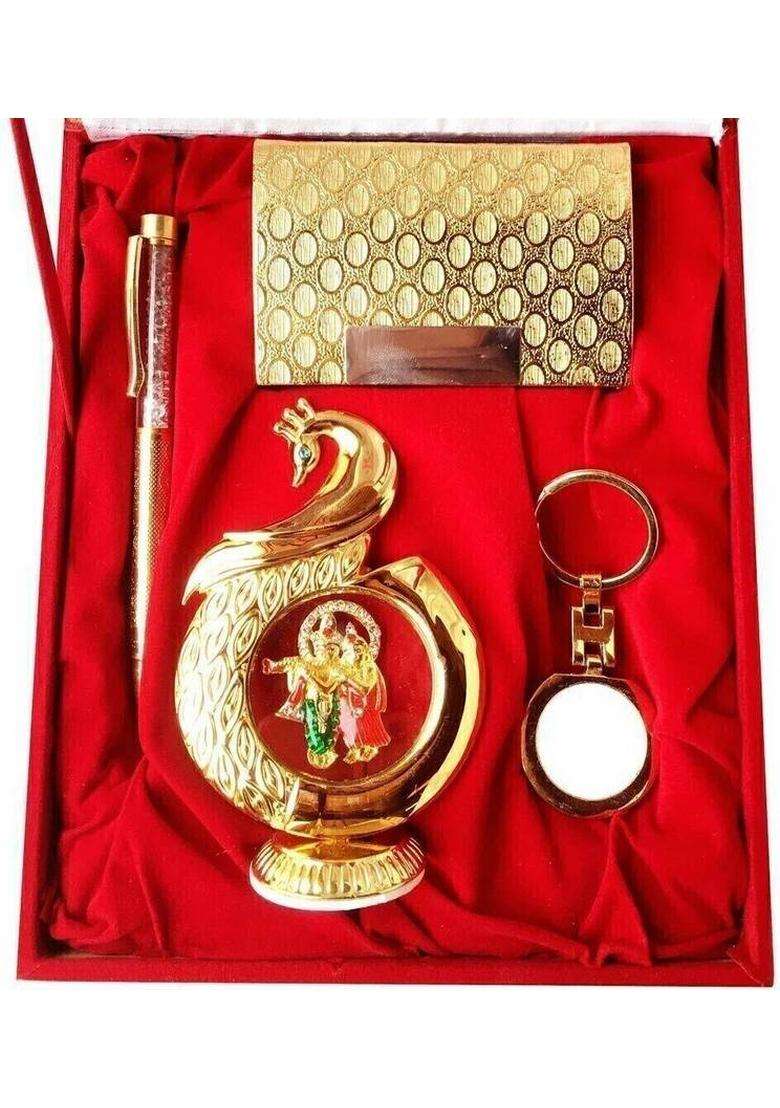 International Gift Gold Plated Pen Card Holder & Key Chain With Radha Krishna Idol For Gift Box Decorative Showpiece - 12 Cm(Aluminium Gold) - Indya