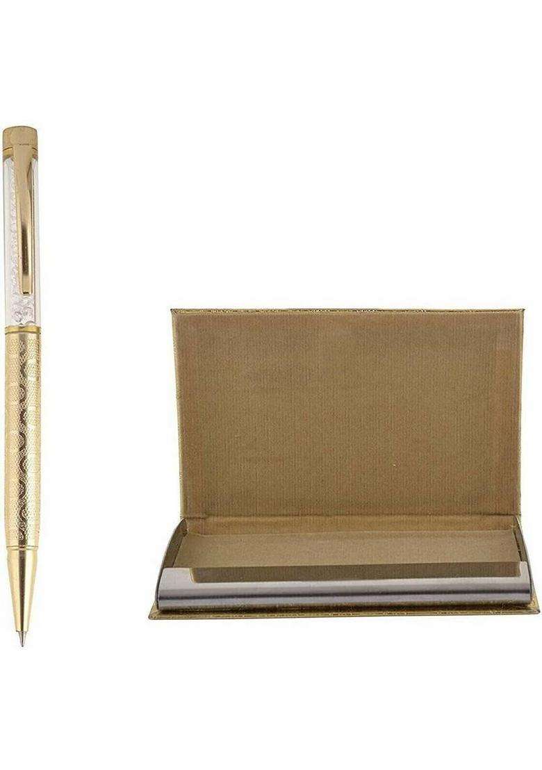 International Gift Gold Plated Pen Card Holder & Key Chain With Radha Krishna Idol For Gift Box Decorative Showpiece - 12 Cm(Aluminium Gold) - Indya