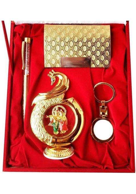 International Gift Gold Plated Pen Card Holder & Key Chain With Radha Krishna Idol For Gift Box Decorative Showpiece - 12 Cm(Aluminium Gold)