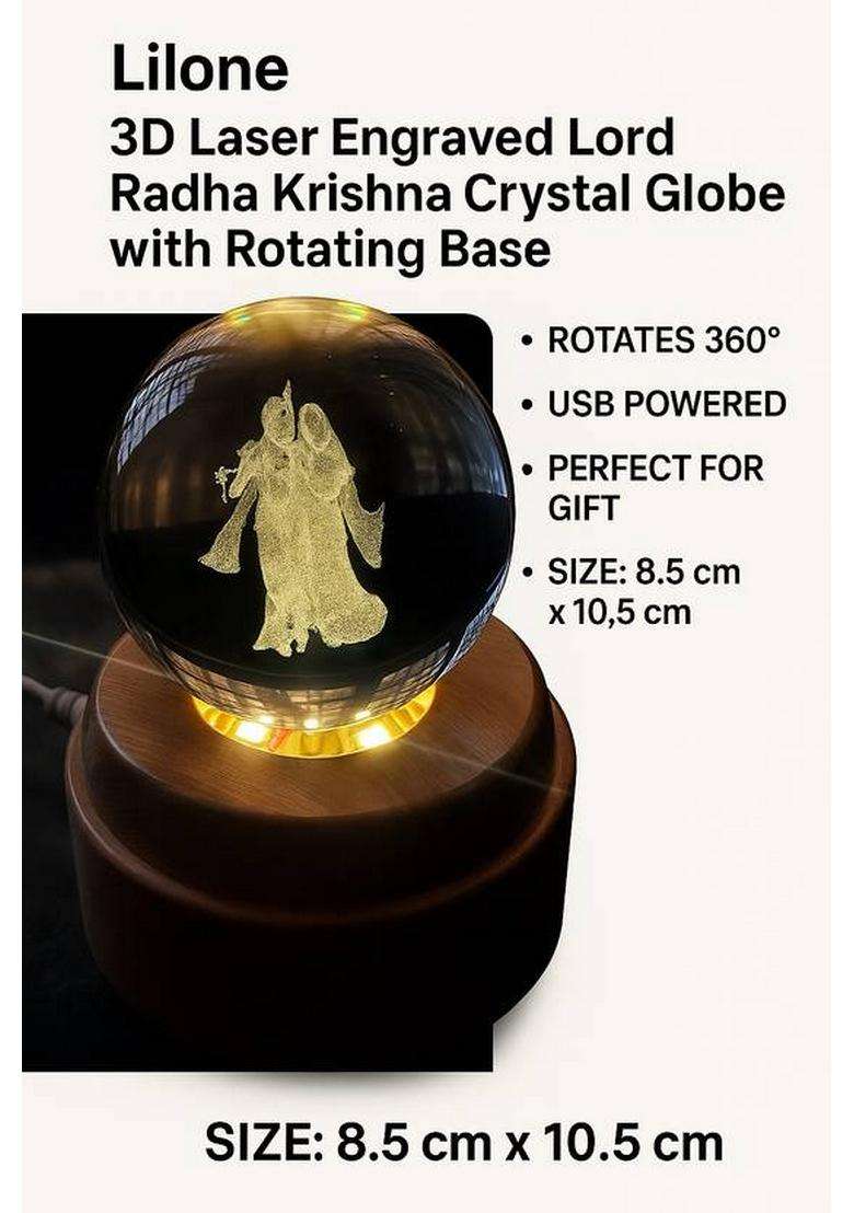 Lilone Celestial Love Radha Krishna Usb Lamp Crystal Ball With Rotating Light Decorative Showpiece - 10.5 Cm(Glass Yellow) - Indya