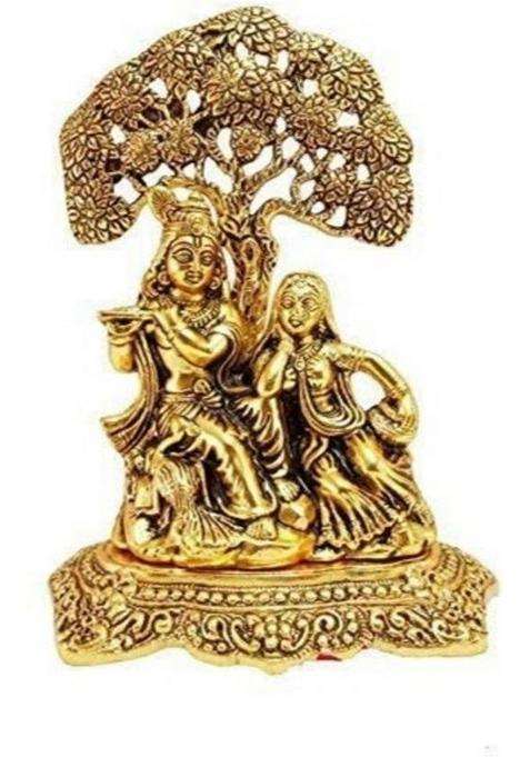 Vac International Metal Radha Krishna Sitting Under Tree Plying Flute Brass Idol For Home Decor Decorative Showpiece - 19 Cm(Brass Gold)