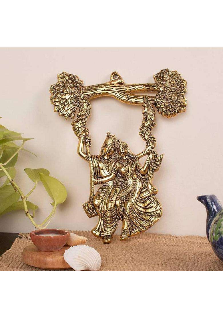 Koolwal Craft Radha Krishna Tree Jhula Wall Hanging Decorative Showpiece - 29 Cm(Metal Gold) - Indya
