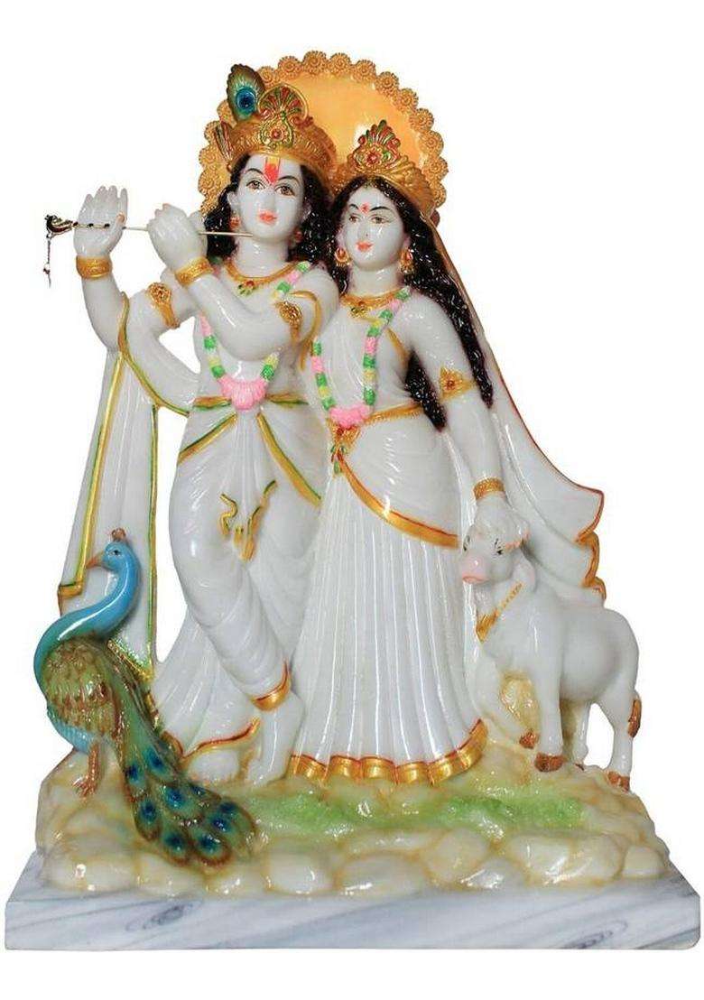 Hubzones Marble Dust Lord Cow Radha Krishna Idol Krishan Statue God Bal Gopal Decorative Showpiece - 40 Cm(Marble Multicolor) - Indya