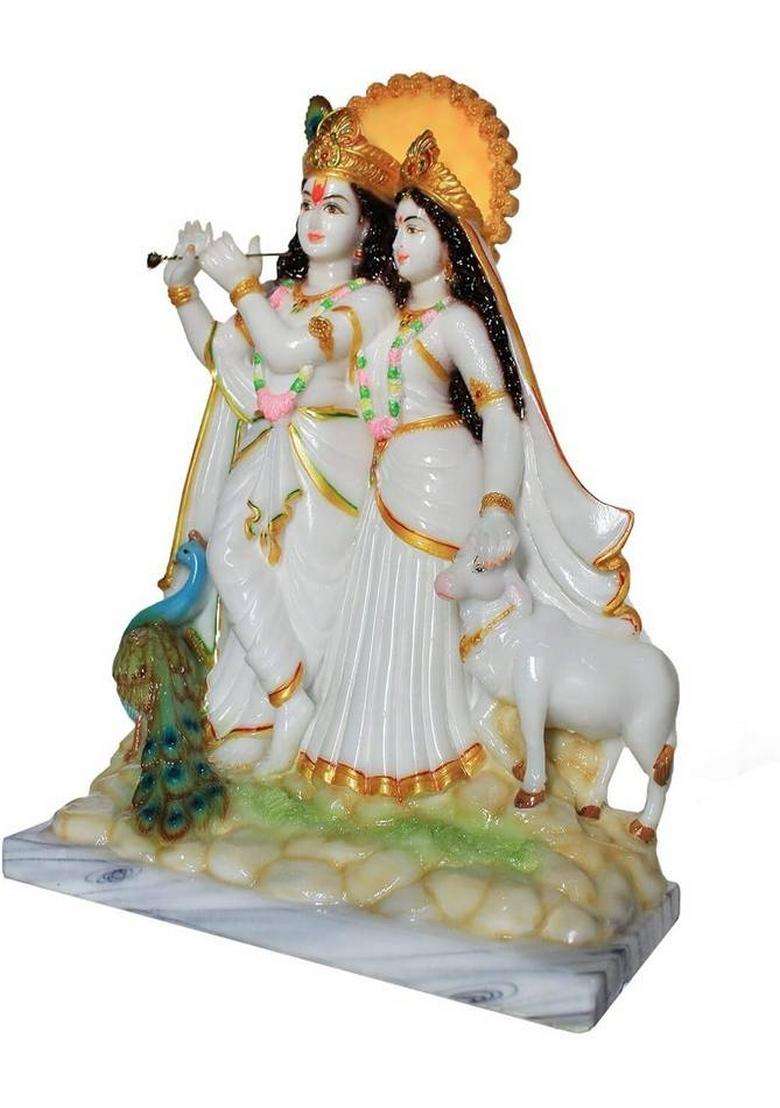 Hubzones Marble Dust Lord Cow Radha Krishna Idol Krishan Statue God Bal Gopal Decorative Showpiece - 40 Cm(Marble Multicolor) - Indya