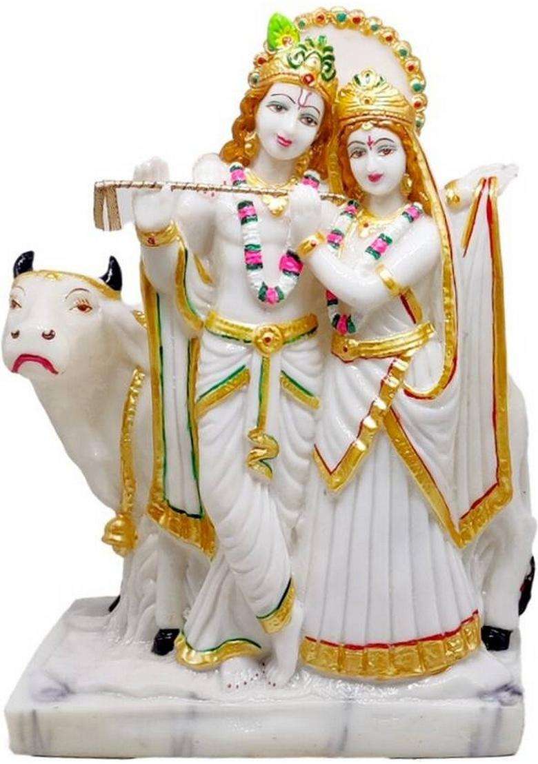G Looks Radha Krishna Statue/ Radha Krishna With Cow Marble Dust Idol 10.5 Inch For Home Decorative Showpiece - 27 Cm(Polyresin White) - Indya