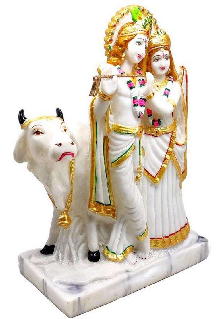 G Looks Radha Krishna Statue/ Radha Krishna With Cow Marble Dust Idol 10.5 Inch For Home Decorative Showpiece - 27 Cm(Polyresin White) - Indya