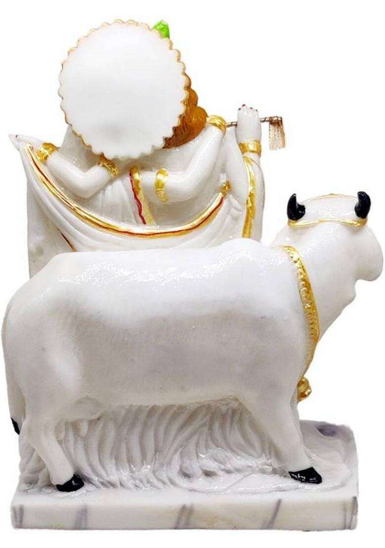 G Looks Radha Krishna Statue/ Radha Krishna With Cow Marble Dust Idol 10.5 Inch For Home Decorative Showpiece - 27 Cm(Polyresin White) - Indya