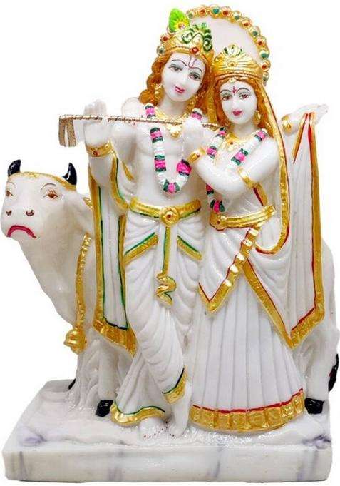 G Looks Radha Krishna Statue/ Radha Krishna With Cow Marble Dust Idol 10.5 Inch For Home Decorative Showpiece - 27 Cm(Polyresin White)
