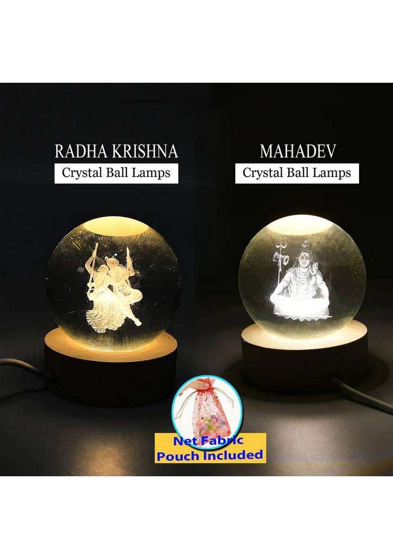 Ubaa 3D Radhakrishna & Mahadev Crystal Ball Lamps For Home Decor Night Lamp (2 Pcs) Decorative Showpiece - 8 Cm(Crystal Clear) - Indya