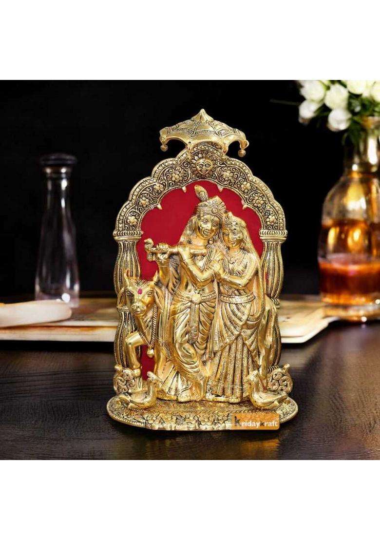 Kridaykraft Radha Krishna Idol With Cow Decorative Showpiece Statue For Puja Room Decorative Showpiece - 33 Cm(Aluminium Silver) - Indya
