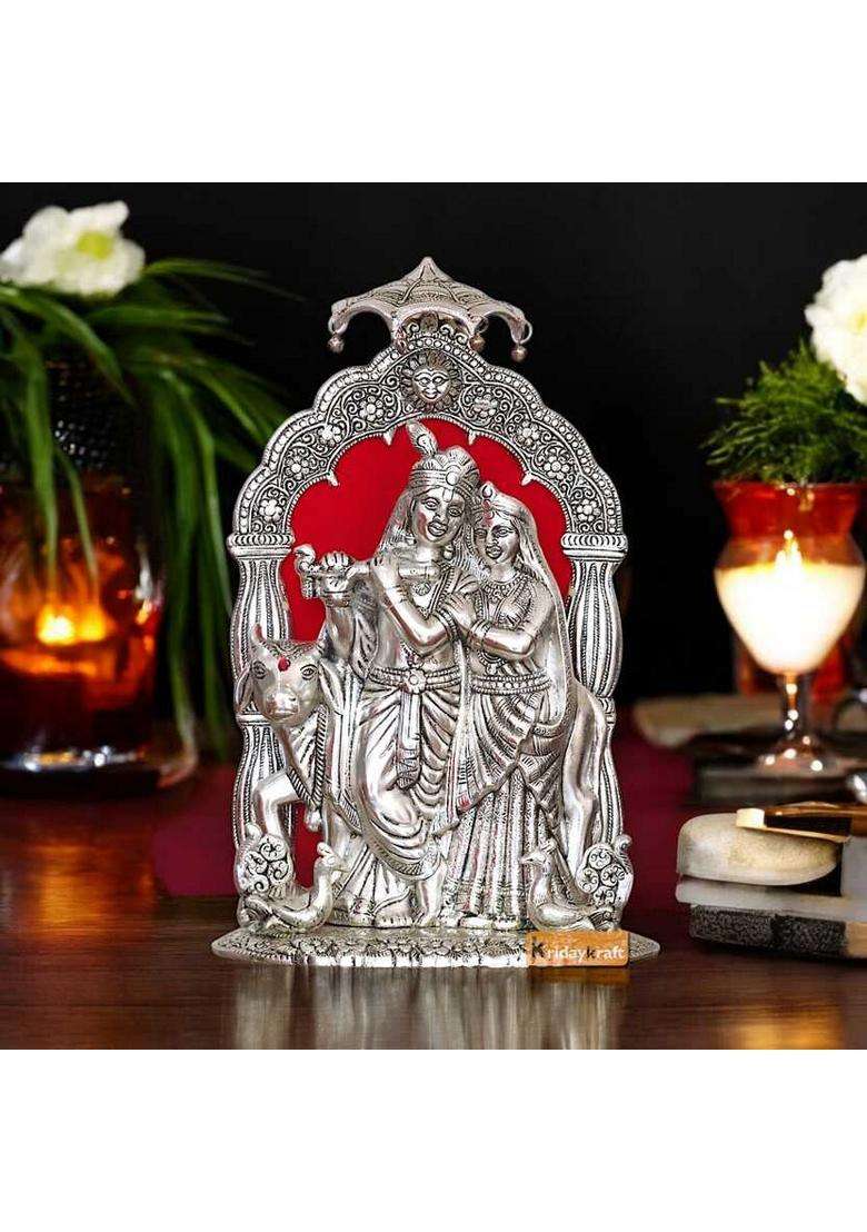 Kridaykraft Radha Krishna Idol With Cow Decorative Showpiece Statue For Puja Room Decorative Showpiece - 33 Cm(Aluminium Silver) - Indya