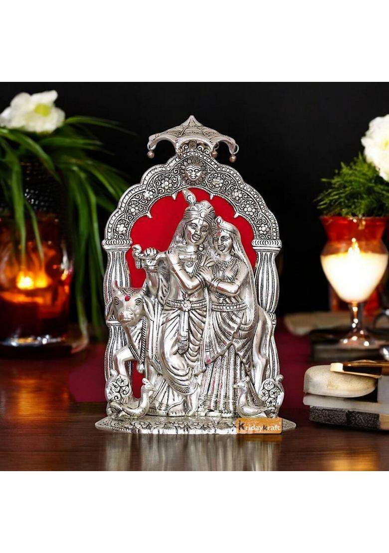 Kridaykraft Radha Krishna Idol With Cow Decorative Showpiece Statue For Puja Room Decorative Showpiece - 33 Cm(Aluminium Silver) - Indya