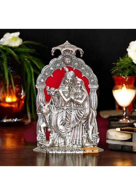 Kridaykraft Radha Krishna Idol With Cow Decorative Showpiece Statue For Puja Room Decorative Showpiece - 33 Cm(Aluminium Silver)