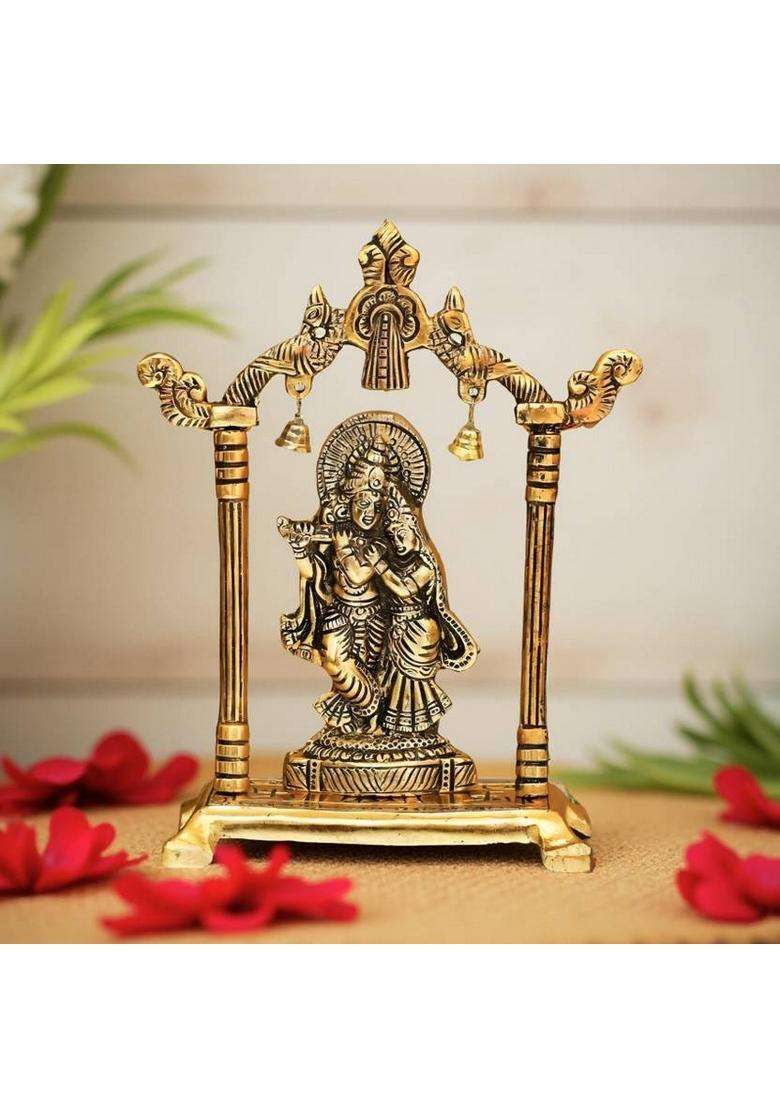 Laxa Golden Metal Radha Krishna Idol With Bells Handcrafted Murti For Home & Pooja Decorative Showpiece - 18 Cm(Metal Gold) - Indya