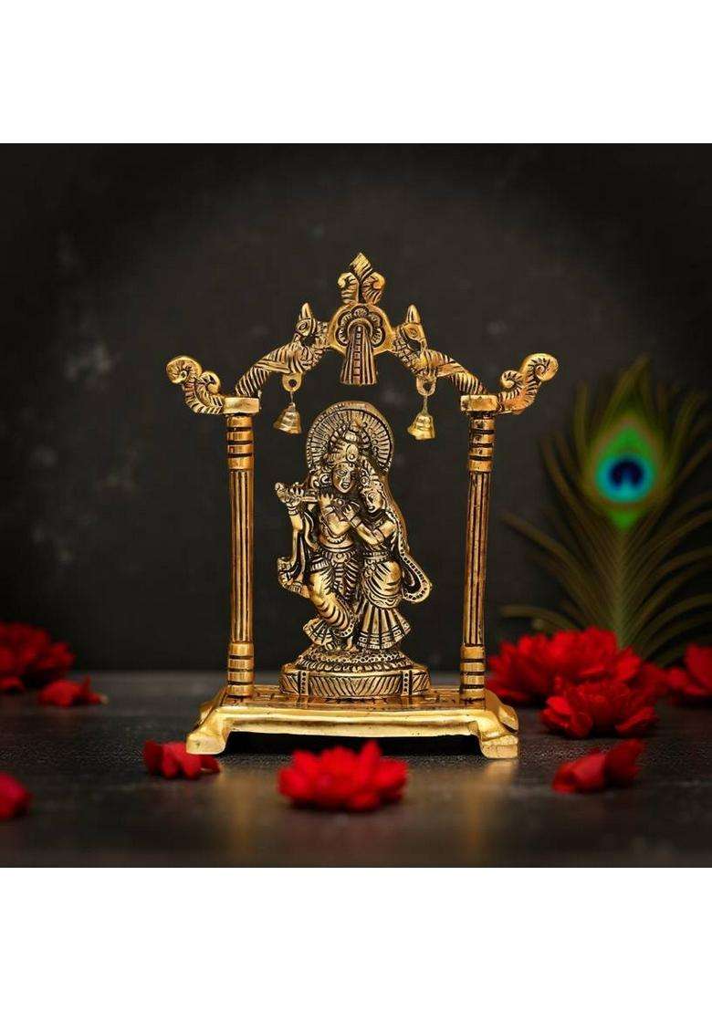 Laxa Golden Metal Radha Krishna Idol With Bells Handcrafted Murti For Home & Pooja Decorative Showpiece - 18 Cm(Metal Gold) - Indya