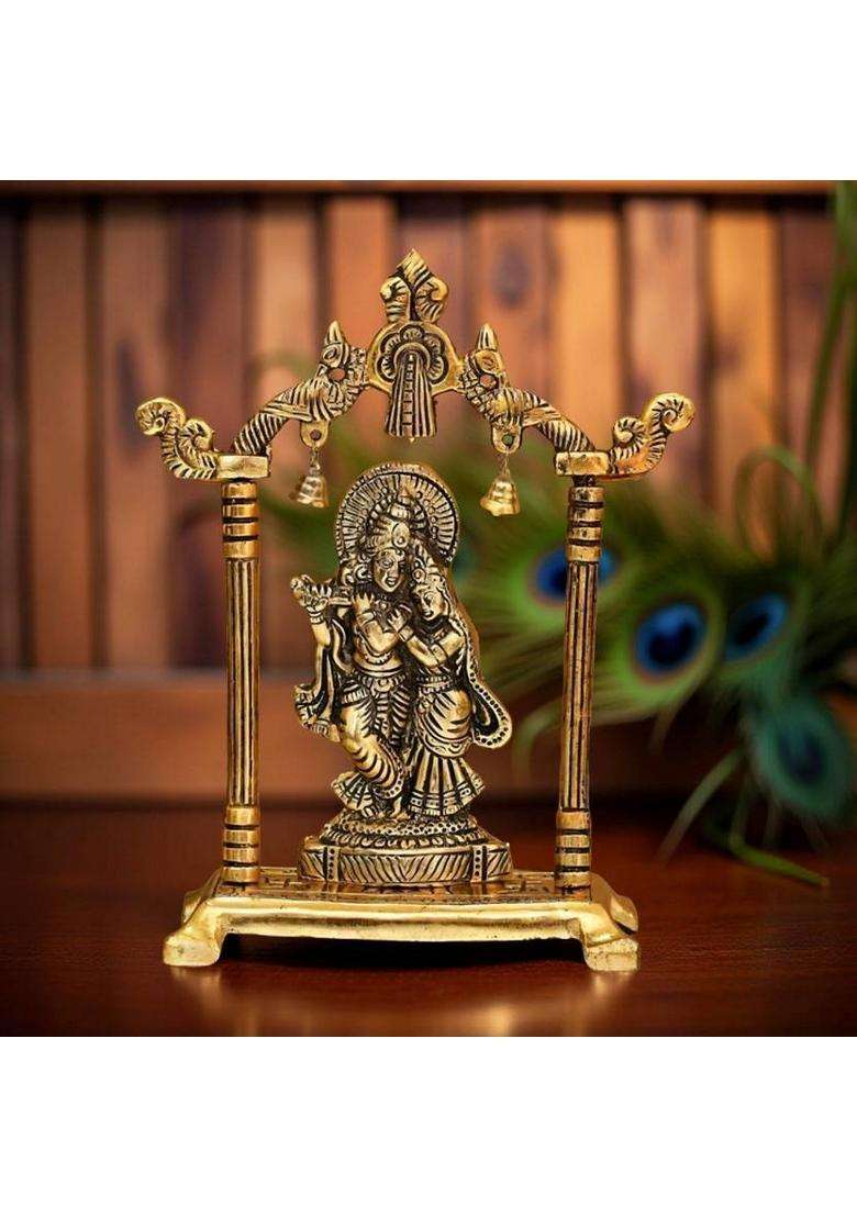 Laxa Golden Metal Radha Krishna Idol With Bells Handcrafted Murti For Home & Pooja Decorative Showpiece - 18 Cm(Metal Gold) - Indya
