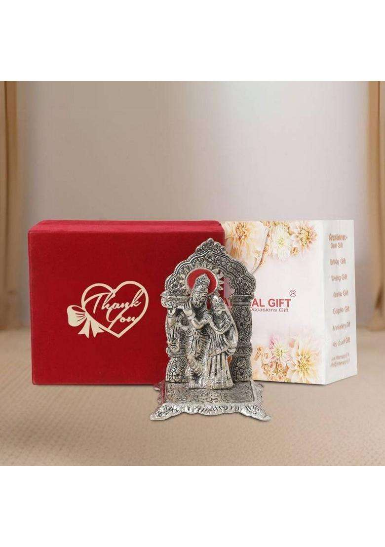 Starlight Silver Radha Krishna Chowki Idol Oxidized Finish With Thank You Tag Decorative Showpiece - 16.5 Cm(Metal Silver) - Indya
