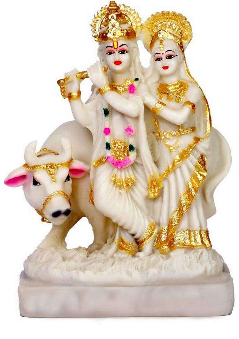 Green Value Radha Krishna With Cow Radha Krishna Cow Murti Radha Krishna With Cow Idol Decorative Showpiece - 21 Cm(Polyresin Multicolor) - Indya