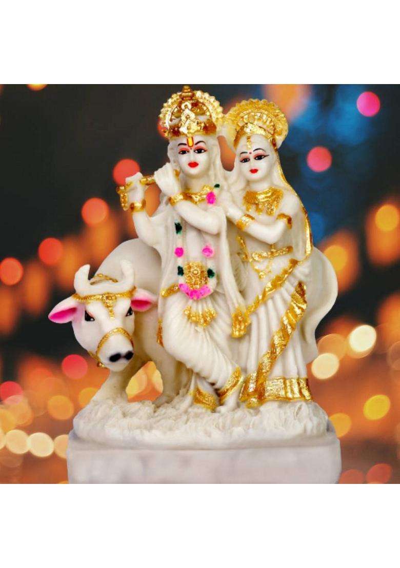 Green Value Radha Krishna With Cow Radha Krishna Cow Murti Radha Krishna With Cow Idol Decorative Showpiece - 21 Cm(Polyresin Multicolor) - Indya