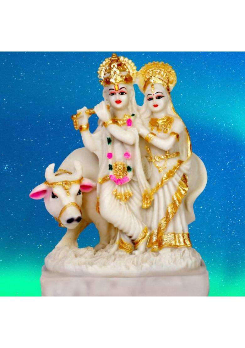 Green Value Radha Krishna With Cow Radha Krishna Cow Murti Radha Krishna With Cow Idol Decorative Showpiece - 21 Cm(Polyresin Multicolor) - Indya